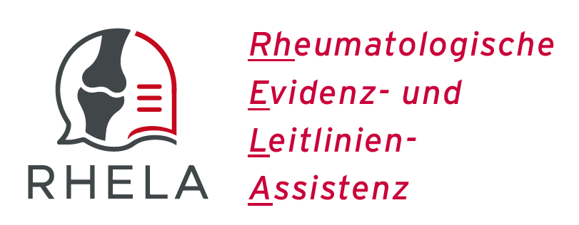RHELA Logo mit dem erklärenden Text "Rheumatologische Evidenz- und Leitlinien-Assistenz", die Akronyme werden fett dargestellt 