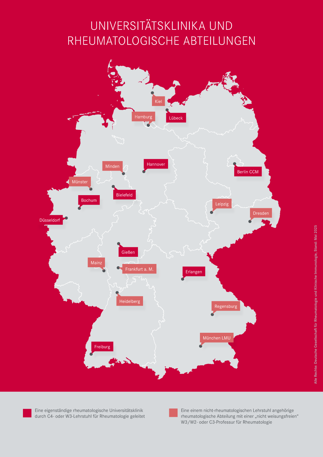 Deutschlandkarte von Städten mit Universitätsklinika und rheumatologischen Abteilungen